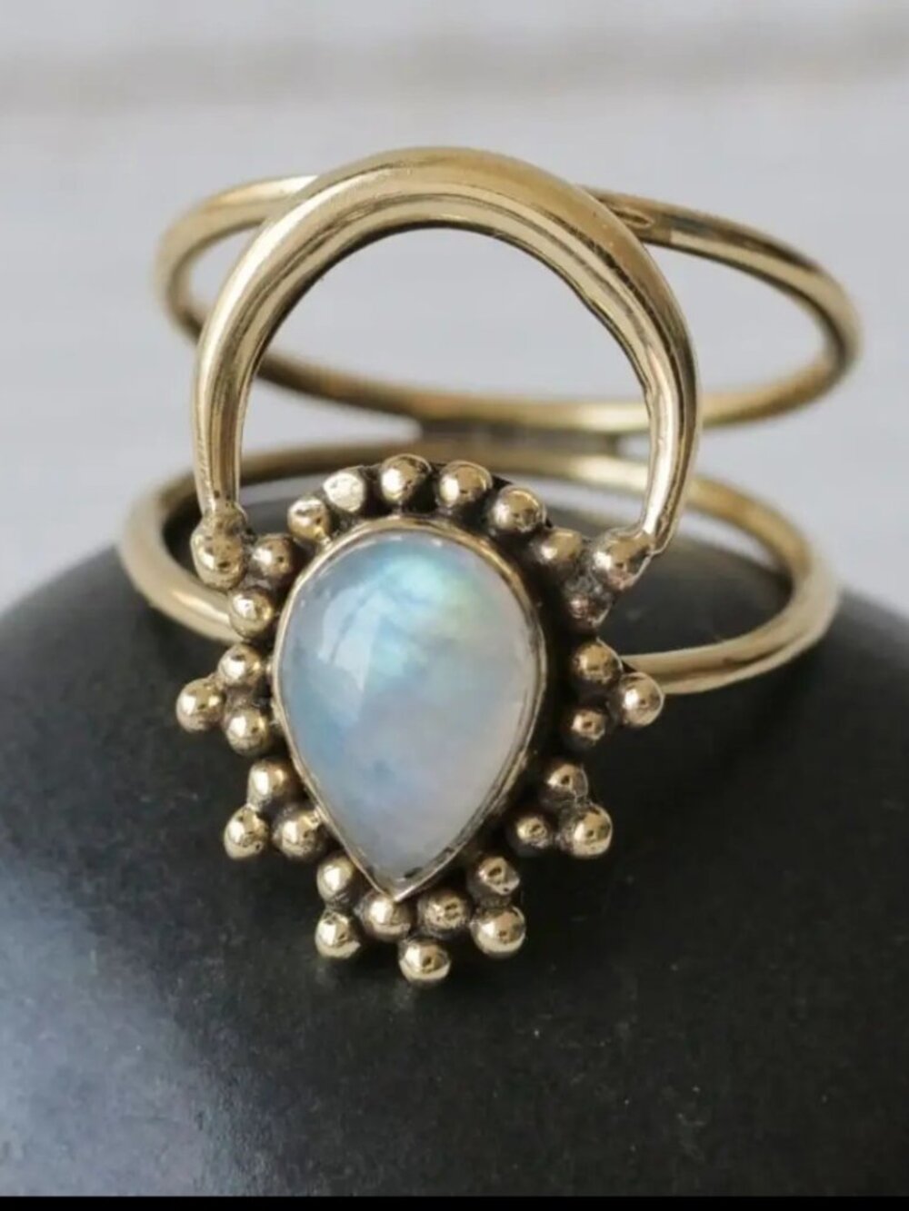 Teardrop Moonstone Aura Ring Sterling Silver Boho Celestial Statement Ring